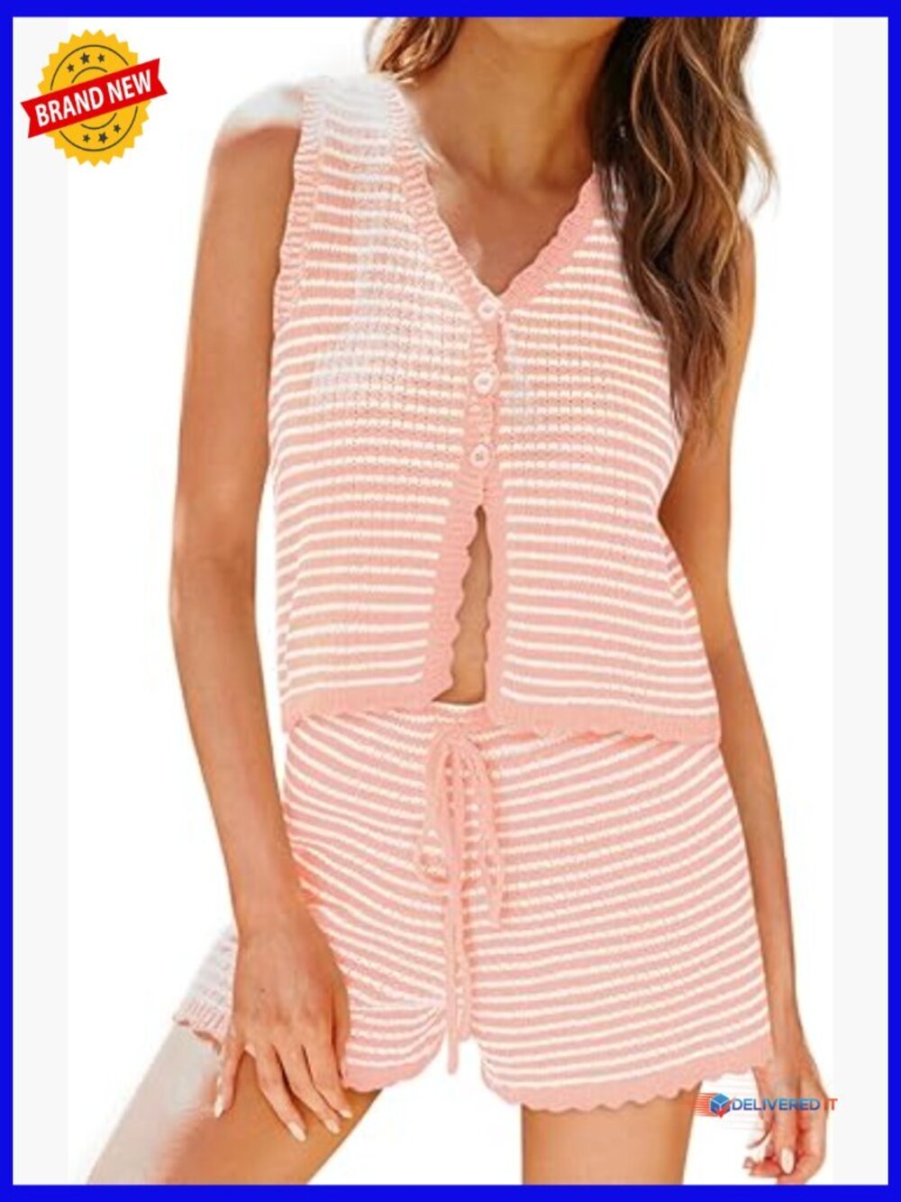 2 Piece Striped Shorts Set Sleeveless Button Down Vest Top Casual Summer